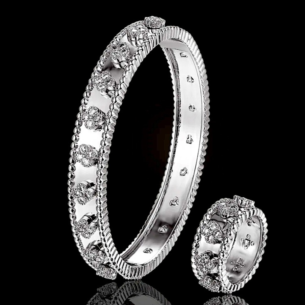 Platinum Clover Bangle Bracelet Matching Ring Set